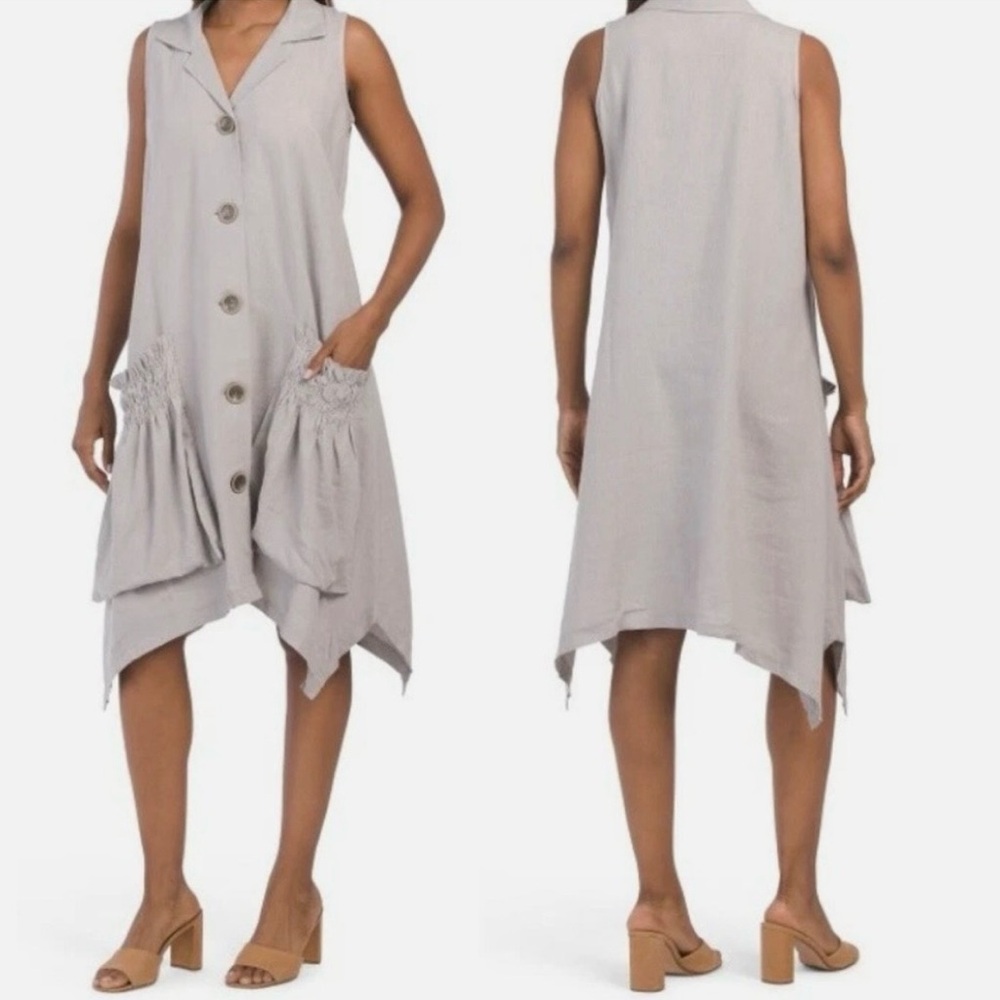 For Cynthia Sleeveless Beige Button Up Shark Bite‎ Hem Linen Blend Shift Dress M
